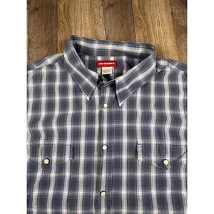 Vintage Pearl Snap Shirt Unionbay Large Blue Plaid Short Sleeve Pockets 00s.